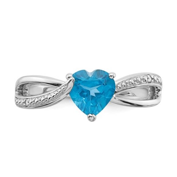 925 Sterling Silver Heart-Shaped Swiss Blue Topaz & Diamond Ring December birthd - Picture 4 of 5